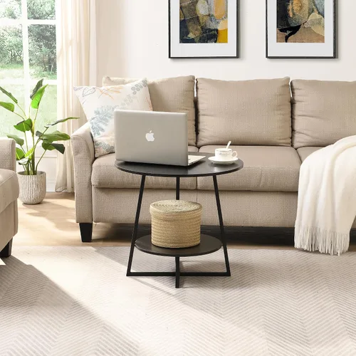 Vista 6 de D&H FURNIMMT Mesa auxiliar de sala de estar de 20", mesas auxiliares redondas de madera de 2 niveles para espacios pequeños con estante