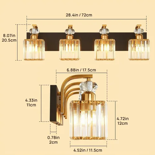 Vista 5 de Lámpara Moderna de Tocador de Baño, Luminarias de Baño de 4 Luces Negro Dorado Sobre Espejo, Aplique de Pared de Cristal de 28.4