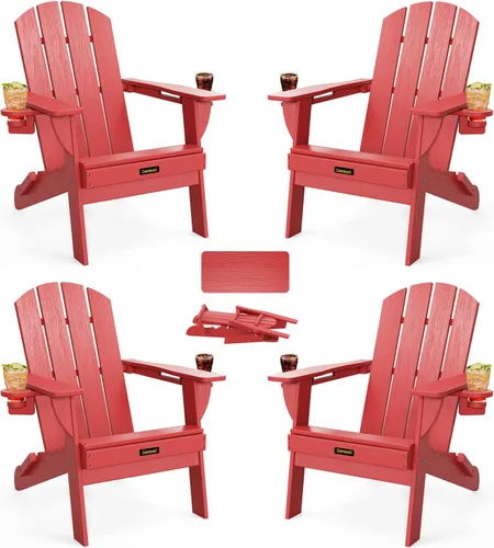 Vista 23 de Silla Adirondack Plegable, Sillas Adirondack de Plástico con Textura de Madera con 2 Portavasos, Silla para Hoguera de HDPE Resistente a