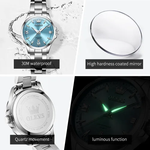 Vista 6 de OLEVS - Relojes de acero inoxidable para mujer, reloj de plata de lujo para damas con fecha, relojes analógicos de cuarzo impermeables y delicados