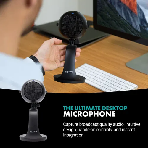 Vista 2 de Movo WebMic - Micrófono USB con soporte de escritorio en negro, micrófono de computadora de condensador cardioide para PC y Mac con ganancia