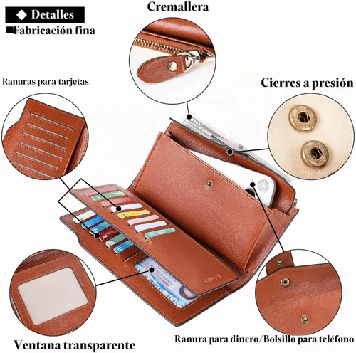 Vista 6 de SENDEFN - Carteras de cuero para mujer, con bloqueo de identificación por radio frecuencia (RFID), tarjetero con monedero, cartera de mano