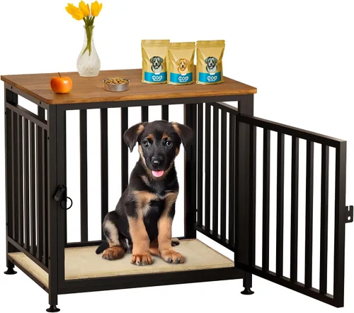 Vista 6 de Mueble de jaula para perros pequeños, perrera para interiores, antimasticación, antiescape, con almohadilla de cama, mesa auxiliar de madera, jaula