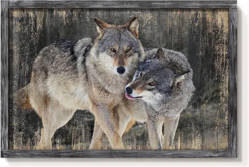 Vista 10 de Arte de Pared Enmarcado de Lobo: Pintura Moderna de Animales Salvajes de Madera Rústica Natural Imagen de Vida Silvestre Obra de Arte de Lobo Gris