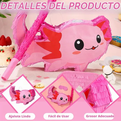 Vista 3 de Sratte Piñata de ajolote rosa con suministros para fiesta de cumpleaños, 14.96 x 9.45 x 2.95 pulgadas