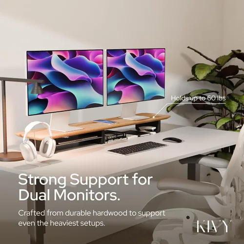 Vista 6 de KIVY Elevador de monitor doble con estante de metal integrado [hecho a mano], estante de escritorio de madera para 2 monitores, soporte largo ancho