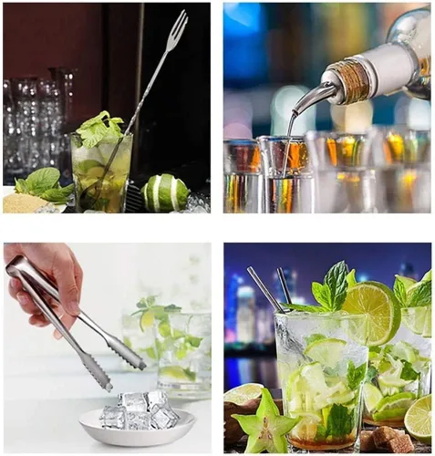 Vista 2 de Juego de coctelera Kit de camarero de 17 piezas Kit de herramientas de mezcla de barman con elegante soporte de madera Juego de bar premium