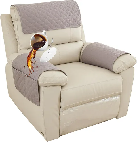 Vista 30 de Funda para Reposabrazos de Sofá, Funda para Reposacabezas de Silla Reclinable, Funda de Sillón con Bolsillos, Protector de Muebles Acolchado Beige