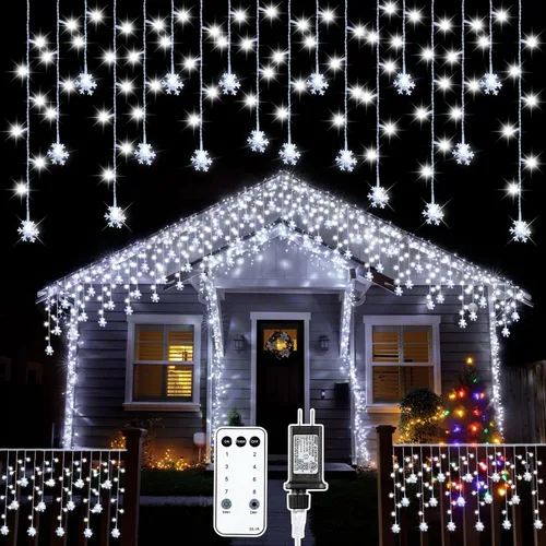 Vista 8 de Aurelema Luces de carámbano de copo de nieve de Navidad, 33 pies, luces de copo de nieve para exteriores con control remoto, 8 modos, impermeables