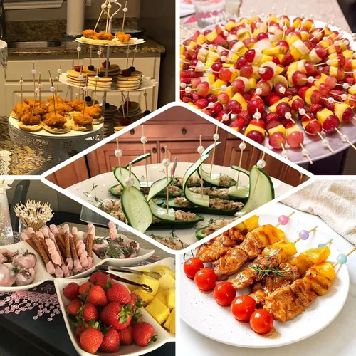 Vista 5 de Efavormart - Paquete de 100 brochetas de bambú natural de 4.75 pulgadas con palillos de cóctel de perlas blancas