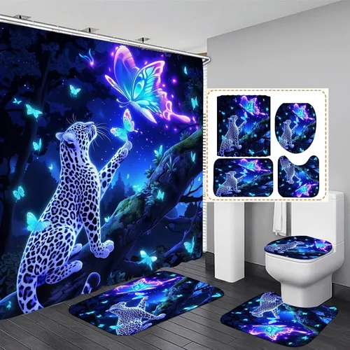 Vista 14 de Juego de 4 cortinas de ducha con diseño de rosa azul y leopardo con alfombras, tapa de inodoro y tapete de baño, cortina de ducha azul con 12