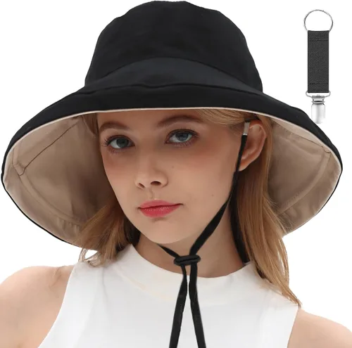 Vista 10 de vidsel Sombreros de sol para mujer, de ala ancha, reversible, de algodón, plegable, de verano, con clip para sombrero, protección UV Beige