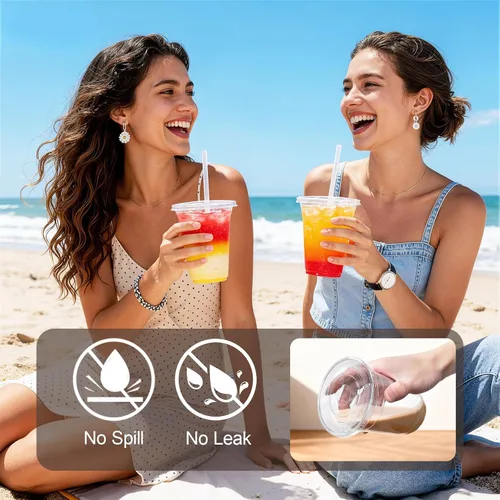 Vista 2 de Tazas de café helado To Go de 16 onzas con tapas y pajitas, paquete de 25 vasos desechables de plástico transparente con tapas para café helado