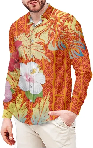 Vista 9 de Camisetas polinesias de manga larga para hombre para hombre, diseño floral de plantas tropicales, camisa con botones en la parte superior