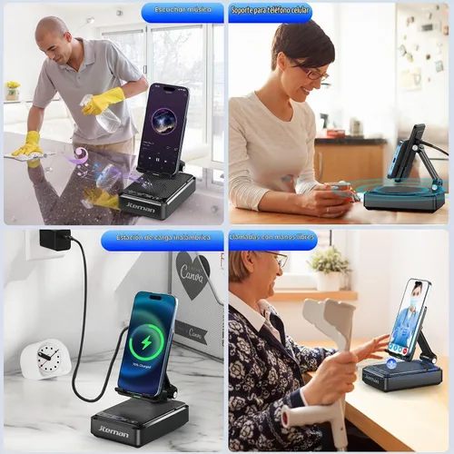 Vista 7 de Jteman - Soporte para teléfono celular con altavoz Bluetooth y cargador inalámbrico