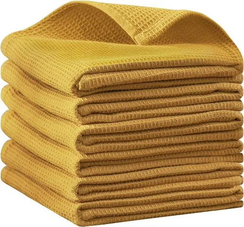 Vista 13 de QUILTINA Paquete de 6 paños de cocina de 12 x 12 pulgadas, 100% algodón, tejido de gofre, súper absorbentes, de secado rápido, color beige