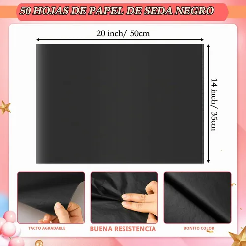 Vista 2 de 50 hojas de papel de seda negro para bolsas de regalo, papel de seda negro a granel para bodas, cumpleaños, proyectos de bricolaje, Halloween