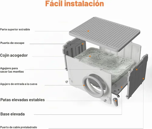 Vista 7 de Casa para gatos al aire libre, resistente a la intemperie, refugio para gatos con puerta de escape y solapa de puerta de PET, apilable elevado