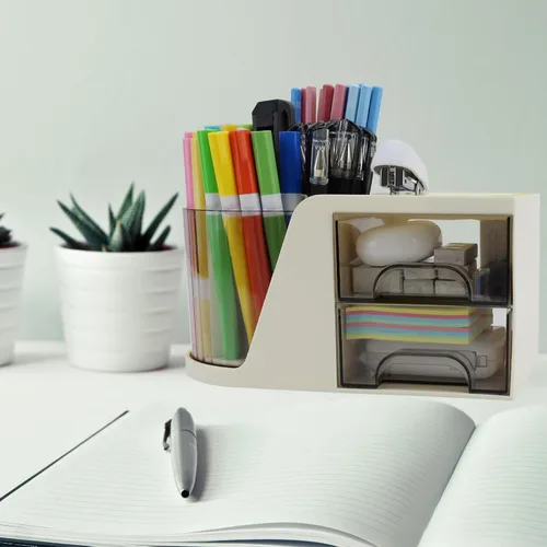 Vista 5 de Organizador de Escritorio con Soporte Giratorio para Lápices y Bolígrafos y 2 Cajones Pequeños, Caddy de Escritorio para Organización y Beige