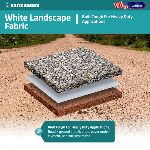 Vista 5 de Sandbaggy Tela blanca para paisajes, tela de filtro geotextil no tejida de 8 onzas, más resistente en el mercado, tela de 50 años, fabricada