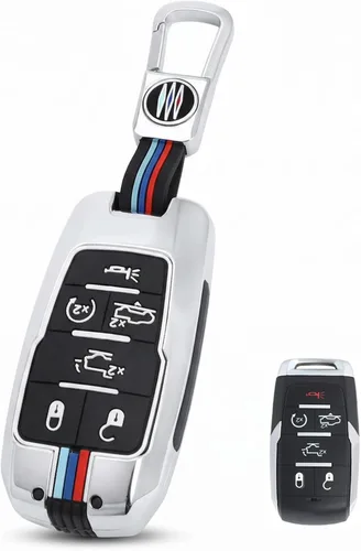 Vista 10 de para Dodge Ram 1500 Funda y Carcasa para Llavero de Metal Soporte de Llave Inteligente Protector, Fibra de carbono, 4 botones, Moderno
