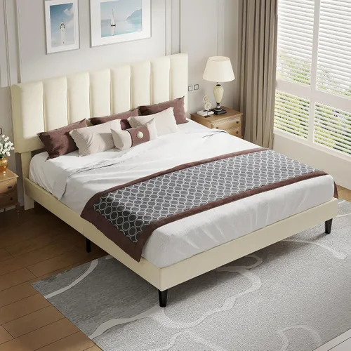 Vista 4 de VECELO Base de cama tamaño King con cabecera tapizada, color beige