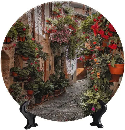 Vista 55 de Plato decorativo colgante de cerámica con temática de paisaje, plato decorativo redondo de plantas en maceta, con soporte decorativo, para sala