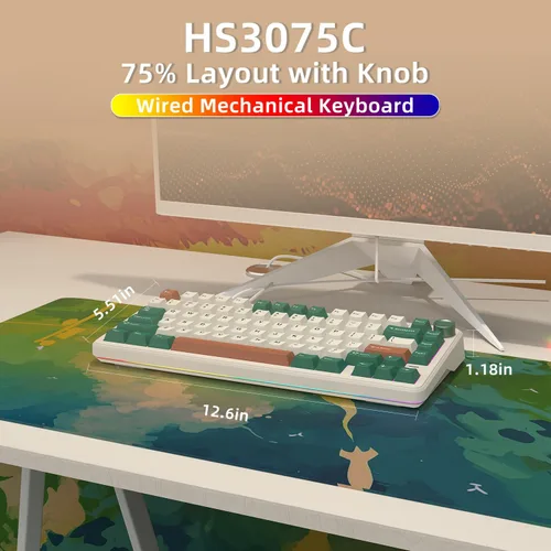 Vista 2 de 75% Teclado mecánico retro verde con cable intercambiable en caliente con perilla de metal Junta de montaje RGB retroiluminado programable y luz