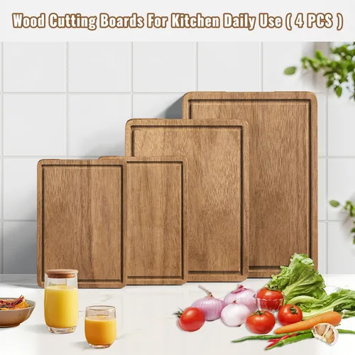 Vista 8 de Juego de 4 tablas de cortar de madera de acacia para cocina, tabla de cortar grande de madera con ranura para jugo, tabla de charcutería, tabla