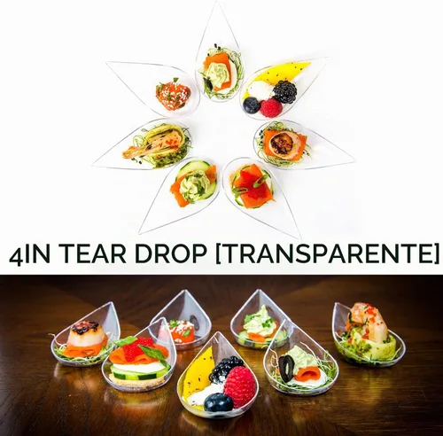 Vista 4 de DLux 100 mini platos para aperitivos en forma de lágrima de 4 pulgadas, cucharas de plástico transparente reutilizables - platos para postres