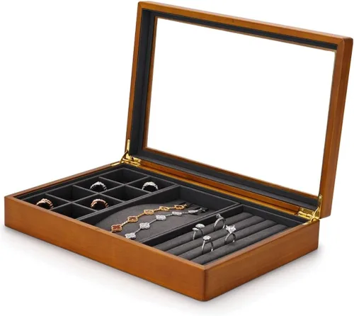 Vista 3 de IRDFWH - Caja organizadora de joyas multifunción con bandejas de madera para anillo, almacenamiento de pulseras con microfibra