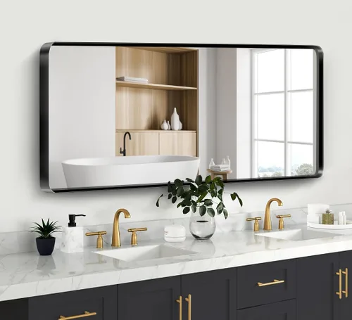 Vista 10 de Espejo de baño de 48 x 36 pulgadas con marco negro mate, espejo antioxidante montado en la pared