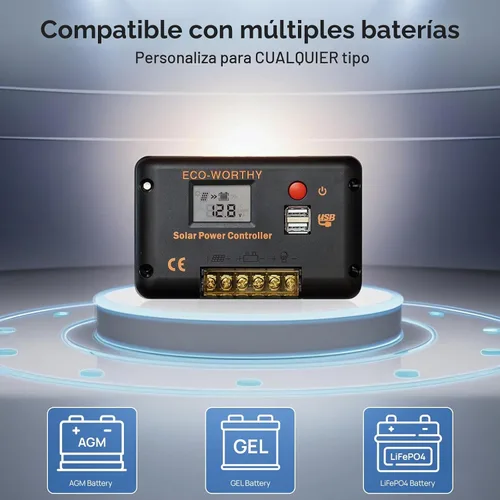 Vista 4 de Controlador de carga solar ECO-WORTHY 30A 12/24V PWM con Bluetooth