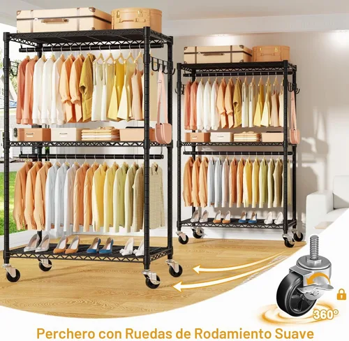 Vista 5 de ULIFHOME P1 Perchero enrollable, armario portátil con ruedas, perchero resistente para colgar ropa, 35,5" de ancho x 15,7" de profundidad x 80,5