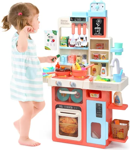 Vista 10 de HOLYFUN Juego de juguetes de comida para niños, cesta de la compra con accesorios de corte de frutas y verduras, olla y sartén, platos de plástico