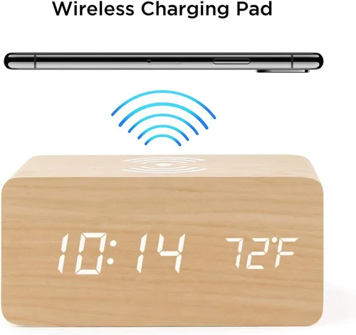 Vista 9 de OCT17 Reloj despertador con almohadilla de carga inalámbrica Qi, compatible con iPhone, Samsung, reloj digital LED de madera, función de control