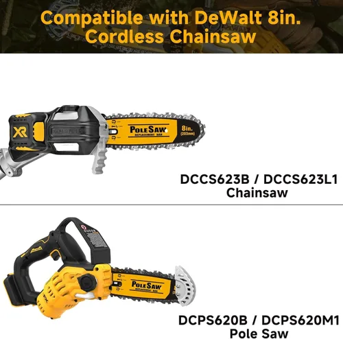 Vista 3 de Barra de motosierra de 8 pulgadas de repuesto para sierra de poste DeWalt 20V Max y motosierra compatible con DCPS620B, DCPS620M1, DCCS623B