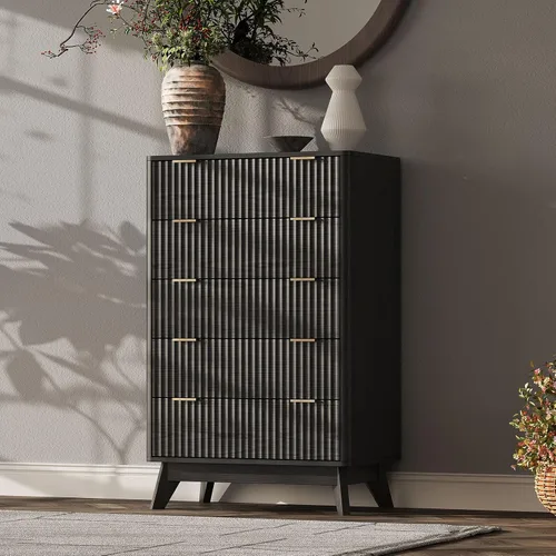 Vista 10 de Cómoda acanalada con 9 cajones de 63 pulgadas de ancho para dormitorio, borde curvado, roble Wooden Closet Organizer for Bedroom,Fluted Dresser with