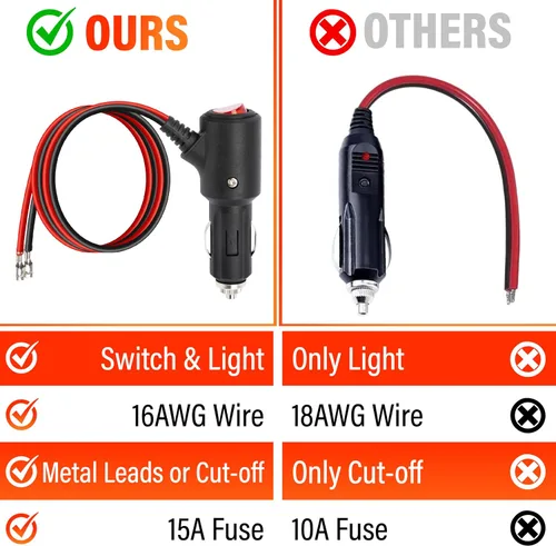 Vista 6 de Enchufe de encendedor de cigarrillos de 12 V con interruptor de encendido y apagado, 2 pies, 16 AWG, resistente, 15 A, repuesto para encendedor