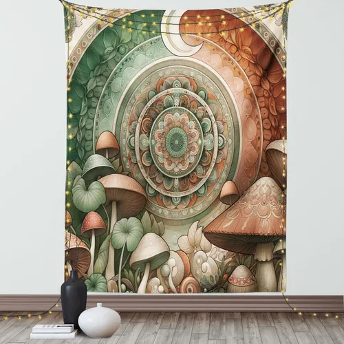 Vista 25 de Ambesonne Tapiz hippie, abrazo de hongos de ensueño y árbol de la vida místico y mandal verde, decoración de tela para colgar en la pared