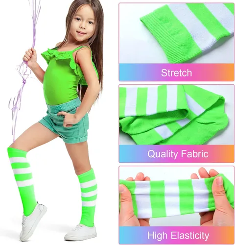 Vista 2 de Giegxin 6 pares de calcetines coloridos a rayas para niños, calcetines de tubo de color neón a rayas para niñas, fiesta de disfraces
