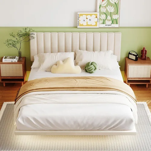 Vista 29 de Cama de plataforma tapizada de tamaño matrimonial con cabecera de terciopelo con patrón de flores, con marco de cama de soporte de listones
