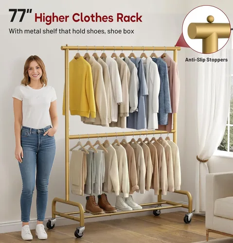 Vista 5 de SLEEPING LAMB Perchero de Ropa Resistente de Doble Barra para Colgar Ropa, Perchero de Vestimenta Metálico Rodante con Ruedas, Perchero Colgador