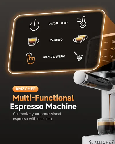 Vista 2 de AMZCHEF Máquina de café expreso de 20 bares: cafetera profesional con espumador de leche, temperatura y presión ajustables, cafetera compacta