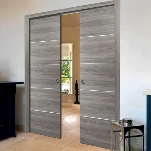Vista 2 de Puertas correderas grises de doble bolsillo de 48 x 80 pulgadas con tiras Planum 0020 Ginger Ash Marcos de molduras Puerta resistente