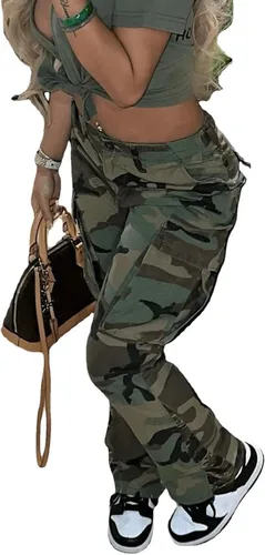 Vista 4 de Vakkest Pantalones cargo de camuflaje de gran tamaño para mujer, pantalones deportivos de entrenamiento, camuflaje militar, fatiga con bolsillos