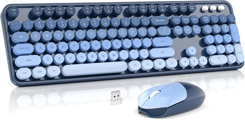 Vista 9 de MOWUX Combo de teclado y mouse inalámbricos, máquina de escribir de tamaño completo, teclado de computadora redondo retro, lindo mouse óptico, 2.4G