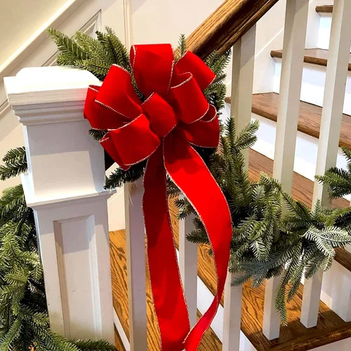 Vista 4 de Lazos grandes de Navidad, 2 unidades, lazos de terciopelo rojo con alambre dorado con colas largas para corona floral, decoración del árbol