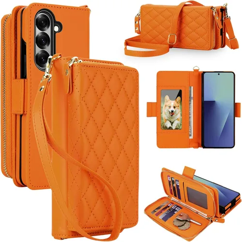 Vista 19 de Compatible con Samsung Galaxy Z Fold 3 5G 2021 - Funda tipo cartera con cremallera y bloqueo RFID, correa para tarjetero, ranuras para tarjetas Rojo
