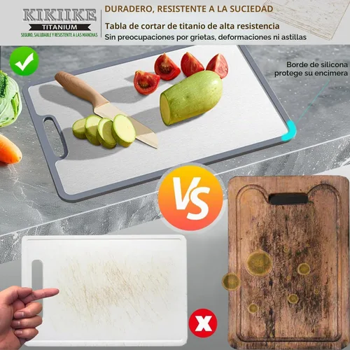 Vista 2 de Tabla de Cortar de Titanio de Doble Cara con Borde de Silicona Antideslizante Tablas de Cortar de Titanio Puro para Cocina - Tabla de Cortar